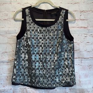 Astr silver sequin sheer tank top layering M chiffon exposer zipper back